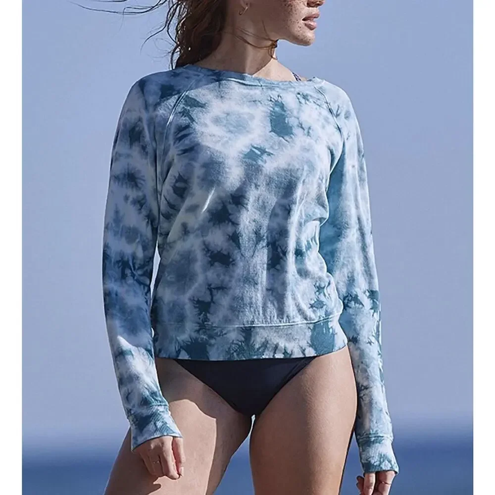 ATHLETA Blue Tie Dye Sundown Sweatshirt Tee Long Banded Long Sleves Cotton M - Picture 2 of 4